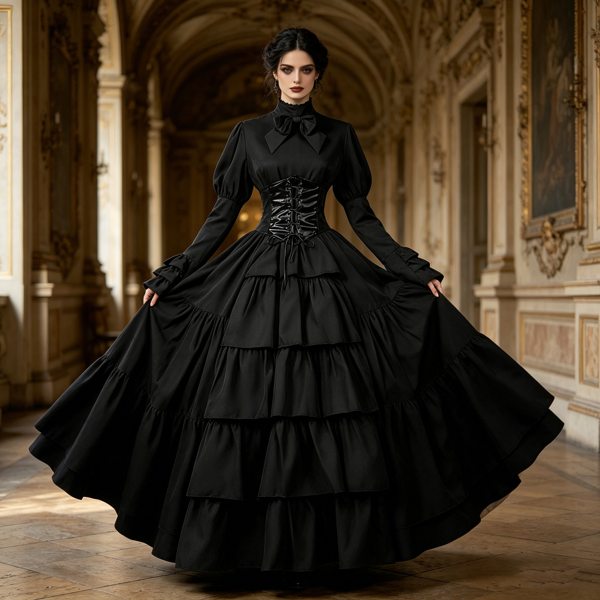 Womens Gothic Victorian Ball Gown - Long Sleeve Tiered Corset Dress